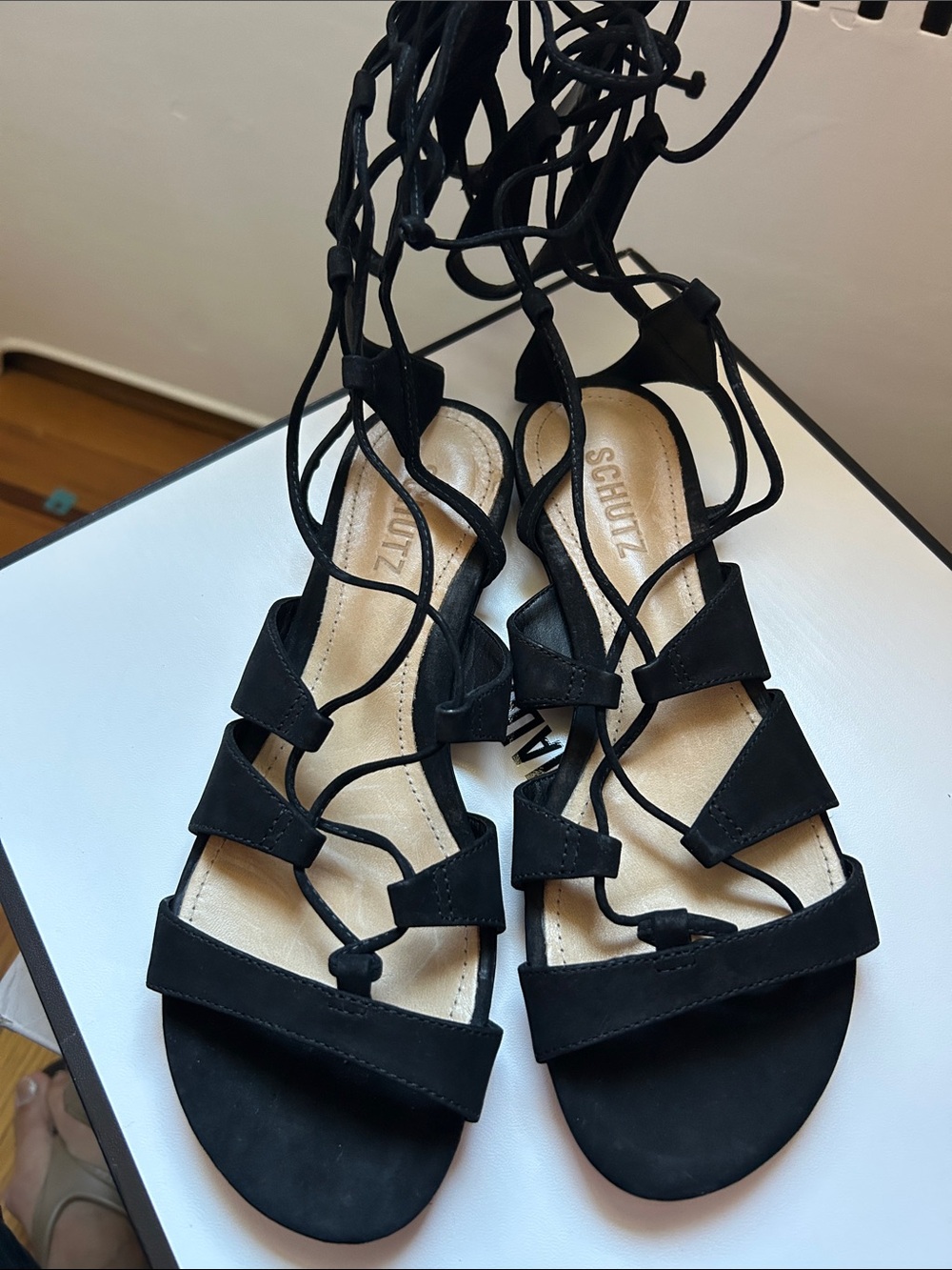 SCHUTZ Black Strappy Lace-Up Gladiator Sandal